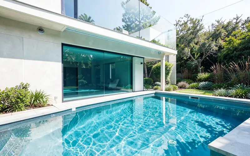 Visor de piscina em vidro laminado instalado em área de lazer residencial
