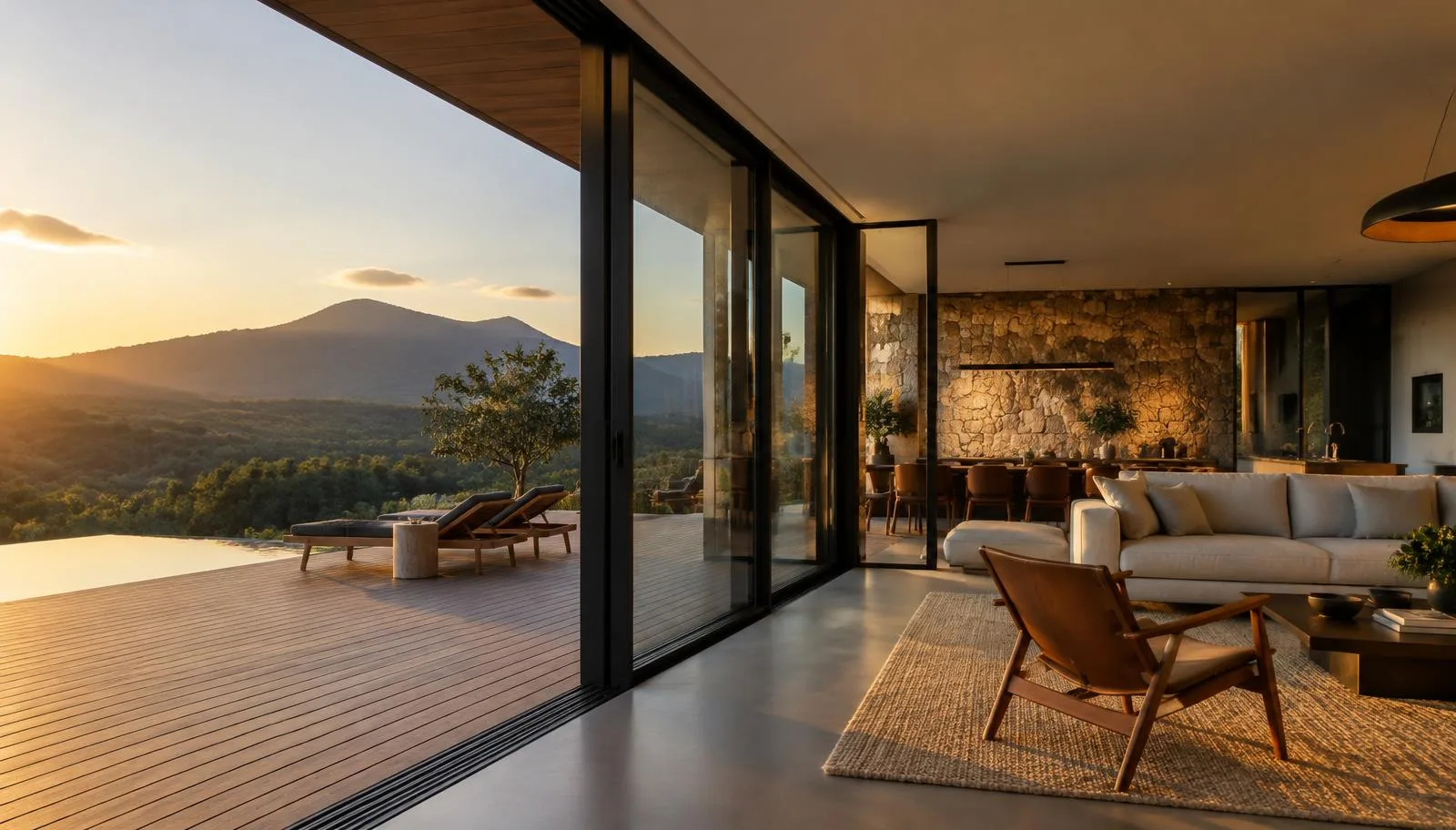 Casa de alto padrão em Atibaia com portas de correr de alumínio preto abertas para deck e vista da serra