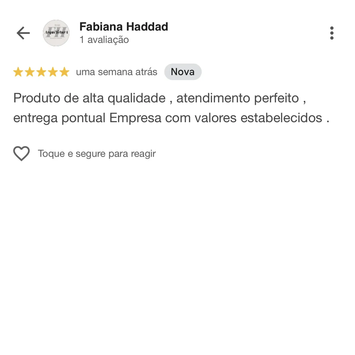 Avaliação 5 estrelas de Fabiana Haddad sobre produto de alta qualidade e atendimento perfeito da Perffec