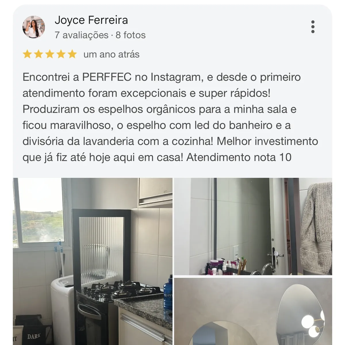 Avaliação 5 estrelas de Joyce Ferreira sobre atendimento excepcional e instalação perfeita da Perffec