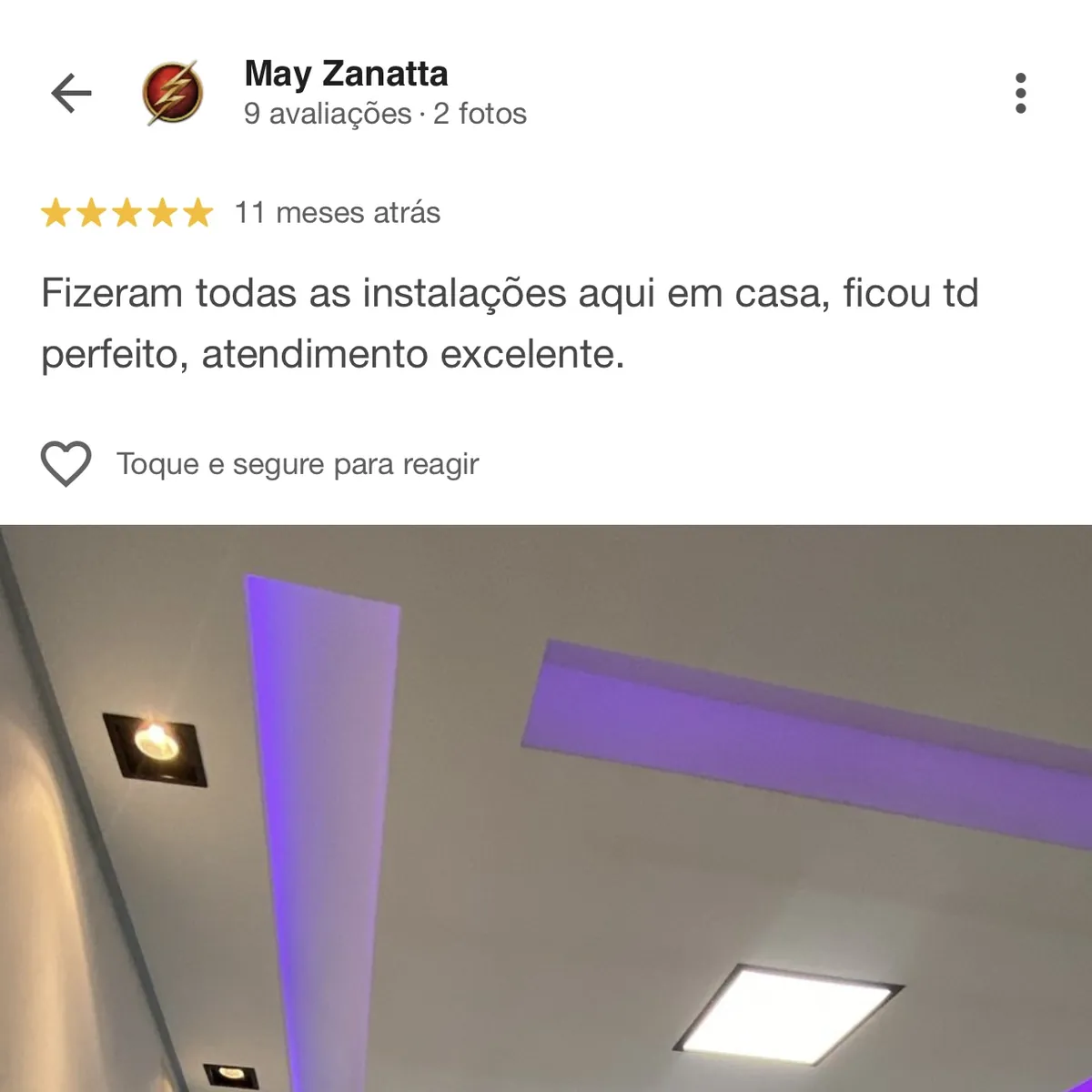 Avaliação 5 estrelas de May Zanatta sobre instalações perfeitas e atendimento excelente da Perffec