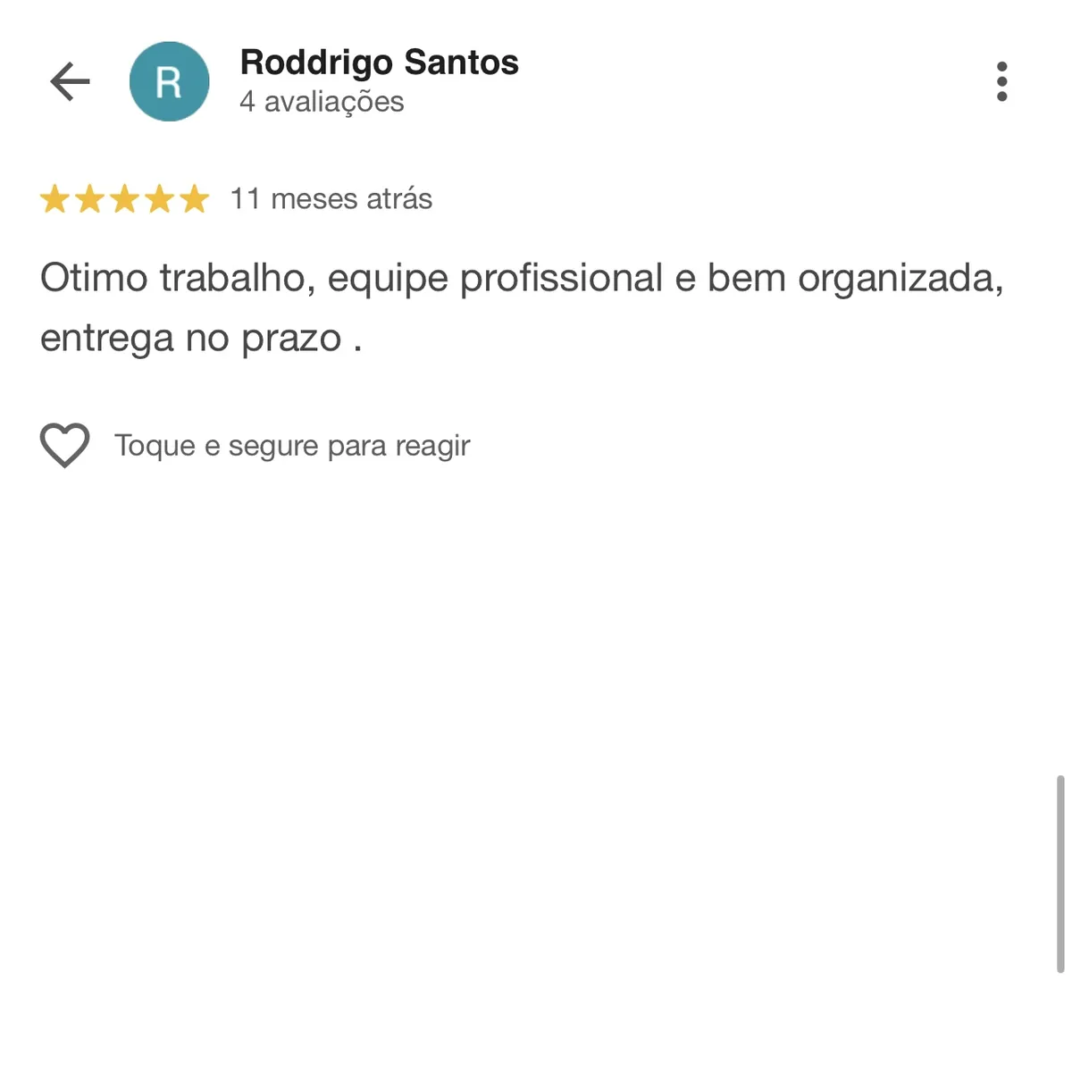 Avaliação 5 estrelas de Rodrigo Santos sobre trabalho profissional e entrega no prazo da Perffec