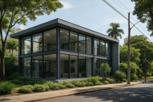 Casa moderno em Campinas com esquadrias de alumínio e janelas de vidro cercado por vegetação.